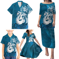 New Zealand Matariki Family Matching Puletasi and Hawaiian Shirt Maori Manaia Galaxy Silver Fern Blue Color LT22 - Polynesian Pride