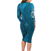 New Zealand Matariki Long Sleeve Bodycon Dress Maori Manaia Galaxy Silver Fern Blue Color LT22 - Polynesian Pride