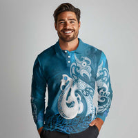New Zealand Matariki Long Sleeve Polo Shirt Maori Manaia Galaxy Silver Fern Blue Color LT22 - Polynesian Pride