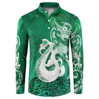 New Zealand Matariki Button Sweatshirt Maori Manaia Galaxy Silver Fern Green Color