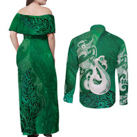 New Zealand Matariki Couples Matching Off Shoulder Maxi Dress and Long Sleeve Button Shirt Maori Manaia Galaxy Silver Fern Green Color LT22 - Polynesian Pride