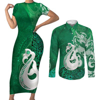 New Zealand Matariki Couples Matching Short Sleeve Bodycon Dress and Long Sleeve Button Shirt Maori Manaia Galaxy Silver Fern Green Color LT22 Green - Polynesian Pride