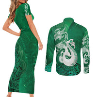 New Zealand Matariki Couples Matching Short Sleeve Bodycon Dress and Long Sleeve Button Shirt Maori Manaia Galaxy Silver Fern Green Color LT22 - Polynesian Pride