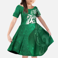 New Zealand Matariki Family Matching Off Shoulder Short Dress and Hawaiian Shirt Maori Manaia Galaxy Silver Fern Green Color LT22 Daughter's Dress Green - Polynesian Pride