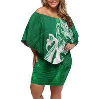 New Zealand Matariki Family Matching Off Shoulder Short Dress and Hawaiian Shirt Maori Manaia Galaxy Silver Fern Green Color LT22 Mom's Dress Green - Polynesian Pride