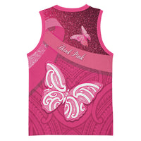 New Zealand Breast Cancer Awareness Basketball Jersey Pink Ribbon Butterfly Maori Pattern LT22 - Polynesian Pride
