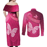 New Zealand Breast Cancer Awareness Couples Matching Off Shoulder Maxi Dress and Long Sleeve Button Shirt Pink Ribbon Butterfly Maori Pattern LT22 - Polynesian Pride