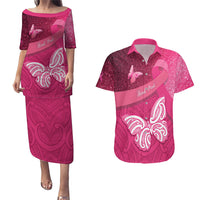 New Zealand Breast Cancer Awareness Couples Matching Puletasi and Hawaiian Shirt Pink Ribbon Butterfly Maori Pattern LT22 Pink - Polynesian Pride