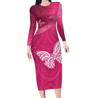 New Zealand Breast Cancer Awareness Family Matching Long Sleeve Bodycon Dress and Hawaiian Shirt Pink Ribbon Butterfly Maori Pattern LT22 Mom's Dress Pink - Polynesian Pride