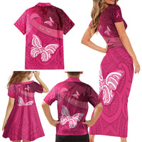 New Zealand Breast Cancer Awareness Family Matching Short Sleeve Bodycon Dress and Hawaiian Shirt Pink Ribbon Butterfly Maori Pattern LT22 - Polynesian Pride