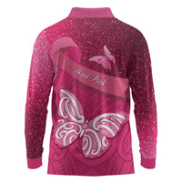 New Zealand Breast Cancer Awareness Long Sleeve Polo Shirt Pink Ribbon Butterfly Maori Pattern LT22 - Polynesian Pride