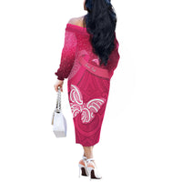 New Zealand Breast Cancer Awareness Off The Shoulder Long Sleeve Dress Pink Ribbon Butterfly Maori Pattern LT22 - Polynesian Pride