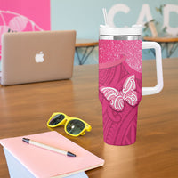 New Zealand Breast Cancer Awareness Tumbler With Handle Pink Ribbon Butterfly Maori Pattern LT22 - Polynesian Pride