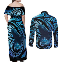 New Zealand Matariki Couples Matching Off Shoulder Maxi Dress and Long Sleeve Button Shirt Maori Humpback Whale Galaxy LT22 - Polynesian Pride