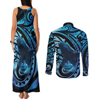 New Zealand Matariki Couples Matching Tank Maxi Dress and Long Sleeve Button Shirt Maori Humpback Whale Galaxy LT22 - Polynesian Pride