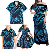 New Zealand Matariki Family Matching Off Shoulder Maxi Dress and Hawaiian Shirt Maori Humpback Whale Galaxy LT22 - Polynesian Pride