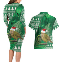 New Zealand Kakapo Christmas In July Couples Matching Long Sleeve Bodycon Dress and Hawaiian Shirt Silver Fern Santa Xmas Green Color LT22 - Polynesian Pride