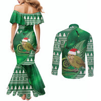 New Zealand Kakapo Christmas In July Couples Matching Mermaid Dress and Long Sleeve Button Shirt Silver Fern Santa Xmas Green Color
