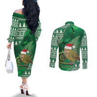 New Zealand Kakapo Christmas In July Couples Matching Off The Shoulder Long Sleeve Dress and Long Sleeve Button Shirt Silver Fern Santa Xmas Green Color