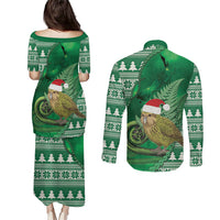 New Zealand Kakapo Christmas In July Couples Matching Puletasi and Long Sleeve Button Shirt Silver Fern Santa Xmas Green Color LT22 - Polynesian Pride