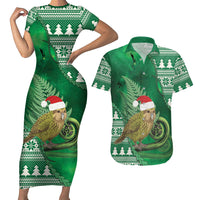 New Zealand Kakapo Christmas In July Couples Matching Short Sleeve Bodycon Dress and Hawaiian Shirt Silver Fern Santa Xmas Green Color LT22 Green - Polynesian Pride