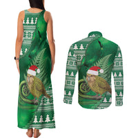 New Zealand Kakapo Christmas In July Couples Matching Tank Maxi Dress and Long Sleeve Button Shirt Silver Fern Santa Xmas Green Color LT22 - Polynesian Pride