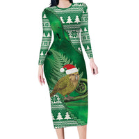 New Zealand Kakapo Christmas In July Family Matching Long Sleeve Bodycon Dress and Hawaiian Shirt Silver Fern Santa Xmas Green Color LT22 Mom's Dress Green - Polynesian Pride
