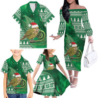 New Zealand Kakapo Christmas In July Family Matching Off The Shoulder Long Sleeve Dress and Hawaiian Shirt Silver Fern Santa Xmas Green Color LT22 - Polynesian Pride