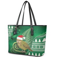 New Zealand Kakapo Christmas In July Leather Tote Bag Silver Fern Santa Xmas Green Color LT22 - Polynesian Pride