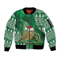 New Zealand Kakapo Christmas In July Sleeve Zip Bomber Jacket Silver Fern Santa Xmas Green Color LT22 Unisex Green - Polynesian Pride