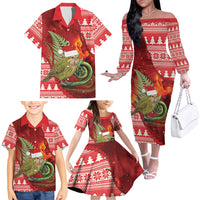 New Zealand Kakapo Christmas In July Family Matching Off The Shoulder Long Sleeve Dress and Hawaiian Shirt Silver Fern Santa Xmas Red Color LT22 - Polynesian Pride