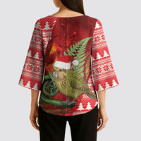 New Zealand Kakapo Christmas In July Kimono Sleeve Blouse Silver Fern Santa Xmas Red Color LT22 - Polynesian Pride