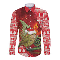 New Zealand Kakapo Christmas In July Long Sleeve Button Shirt Silver Fern Santa Xmas Red Color LT22 Unisex Red - Polynesian Pride
