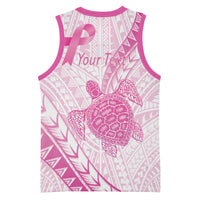 Breast Cancer Awareness Personalised Basketball Jersey Pink Ribbon Turtle Polynesian Pattern White