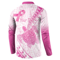 Breast Cancer Awareness Personalised Button Sweatshirt Pink Ribbon Turtle Polynesian Pattern White