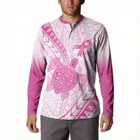 Breast Cancer Awareness Personalised Button Sweatshirt Pink Ribbon Turtle Polynesian Pattern White