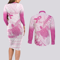 Breast Cancer Awareness Personalised Couples Matching Long Sleeve Bodycon Dress and Long Sleeve Button Shirt Pink Ribbon Turtle Polynesian Pattern White LT22 - Polynesian Pride