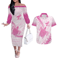 Breast Cancer Awareness Personalised Couples Matching Off The Shoulder Long Sleeve Dress and Hawaiian Shirt Pink Ribbon Turtle Polynesian Pattern White LT22 Pink - Polynesian Pride