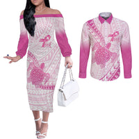 Breast Cancer Awareness Personalised Couples Matching Off The Shoulder Long Sleeve Dress and Long Sleeve Button Shirt Pink Ribbon Turtle Polynesian Pattern White LT22 Pink - Polynesian Pride