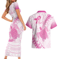 Breast Cancer Awareness Personalised Couples Matching Short Sleeve Bodycon Dress and Hawaiian Shirt Pink Ribbon Turtle Polynesian Pattern White LT22 - Polynesian Pride