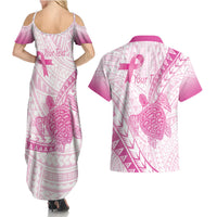 Breast Cancer Awareness Personalised Couples Matching Summer Maxi Dress and Hawaiian Shirt Pink Ribbon Turtle Polynesian Pattern White