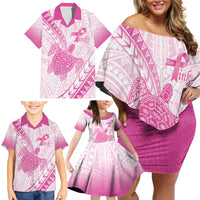 Breast Cancer Awareness Personalised Family Matching Off Shoulder Short Dress and Hawaiian Shirt Pink Ribbon Turtle Polynesian Pattern White LT22 - Polynesian Pride