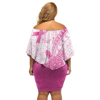 Breast Cancer Awareness Personalised Family Matching Off Shoulder Short Dress and Hawaiian Shirt Pink Ribbon Turtle Polynesian Pattern White LT22 - Polynesian Pride