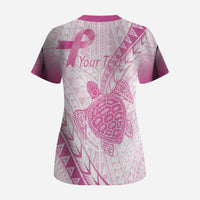 Breast Cancer Awareness Personalised Scrub Top Pink Ribbon Turtle Polynesian Pattern White