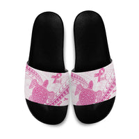 Breast Cancer Awareness Slide Sandals Pink Ribbon Turtle Polynesian Pattern White