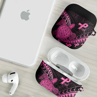 Breast Cancer Awareness AirPods Case Pink Ribbon Turtle Polynesian Pattern Black