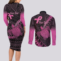 Breast Cancer Awareness Personalised Couples Matching Long Sleeve Bodycon Dress and Long Sleeve Button Shirt Pink Ribbon Turtle Polynesian Pattern Black LT22 - Polynesian Pride