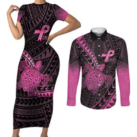 Breast Cancer Awareness Personalised Couples Matching Short Sleeve Bodycon Dress and Long Sleeve Button Shirt Pink Ribbon Turtle Polynesian Pattern Black LT22 Pink - Polynesian Pride
