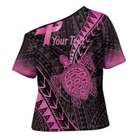 Breast Cancer Awareness Personalised Cross Shoulder Shirt Pink Ribbon Turtle Polynesian Pattern Black