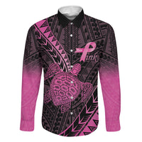 Breast Cancer Awareness Personalised Family Matching Long Sleeve Bodycon Dress and Hawaiian Shirt Pink Ribbon Turtle Polynesian Pattern Black LT22 Dad's Shirt - Long Sleeve Pink - Polynesian Pride